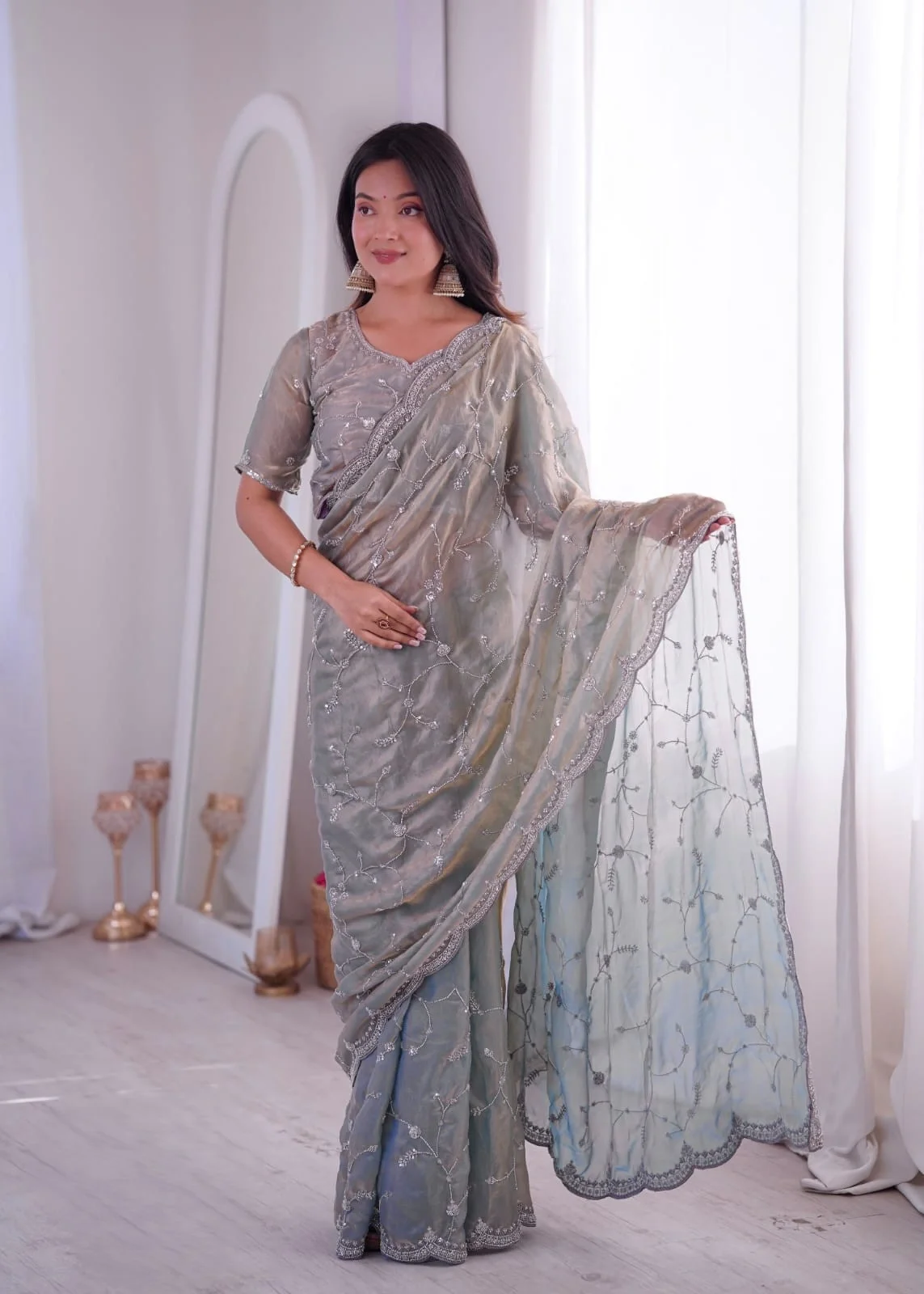 Two Tone Fandy Silk with Heavy Real Beads Moti and Threads C Pallu Work Saree